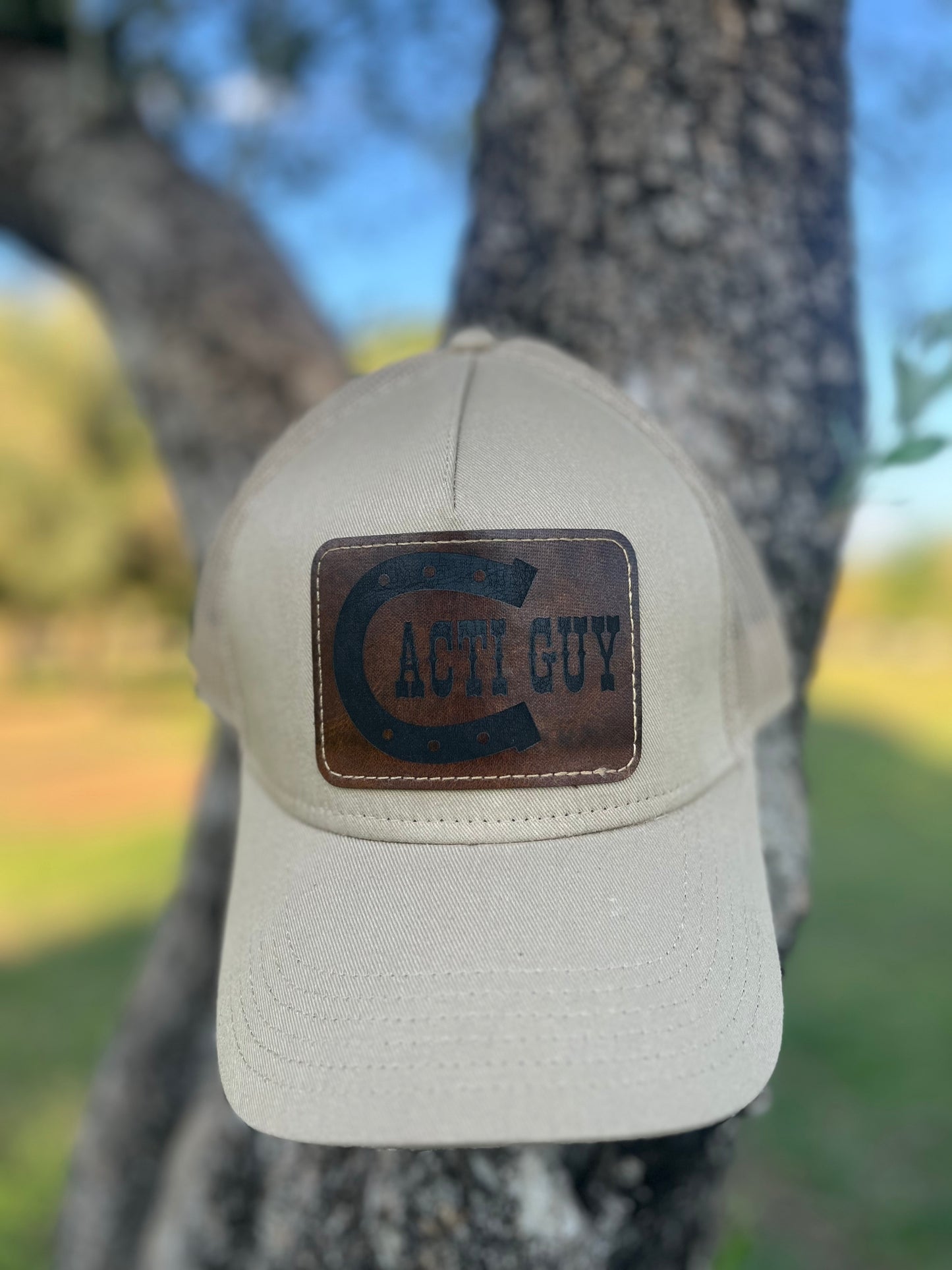 Cacti Guy Classic Leather Patch Horseshoe Font Low Profile Trucker Hat