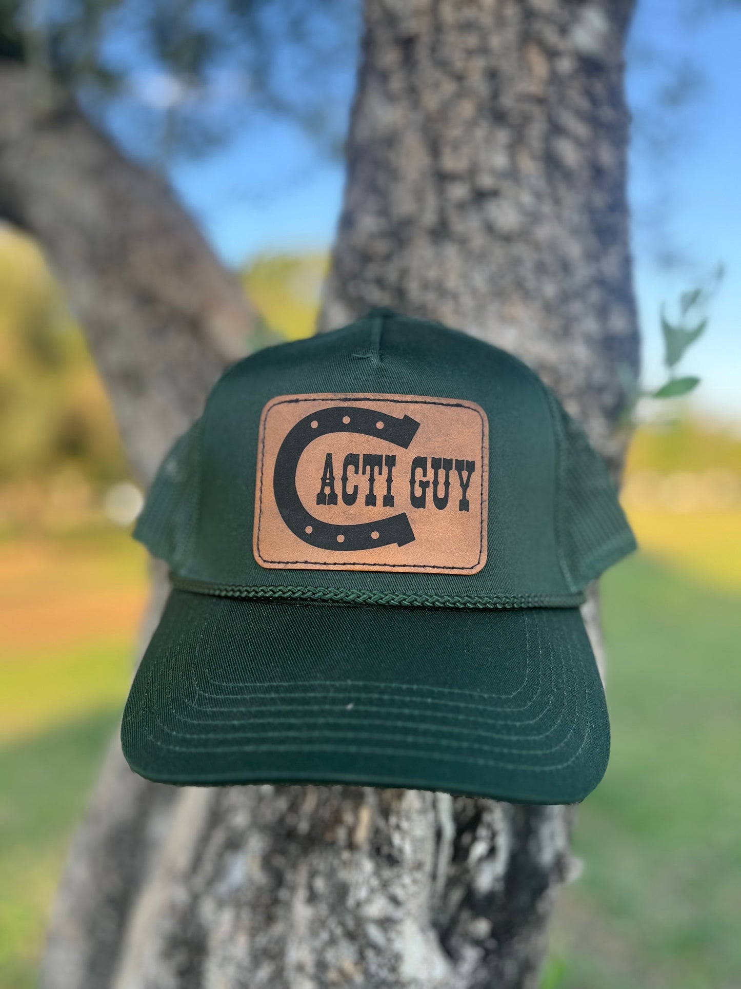 Cacti Guy Classic Leather Patch Horseshoe Font Trucker Rope Hat