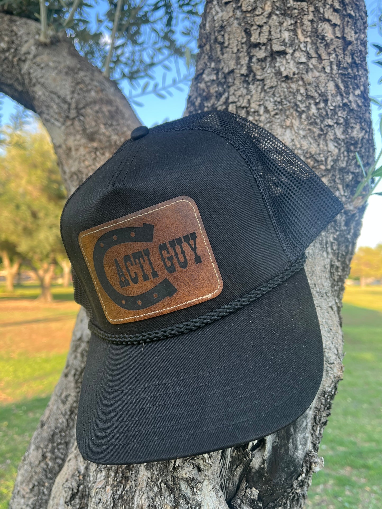 Cacti Guy Classic Leather Patch Horseshoe Font Trucker Rope Hat