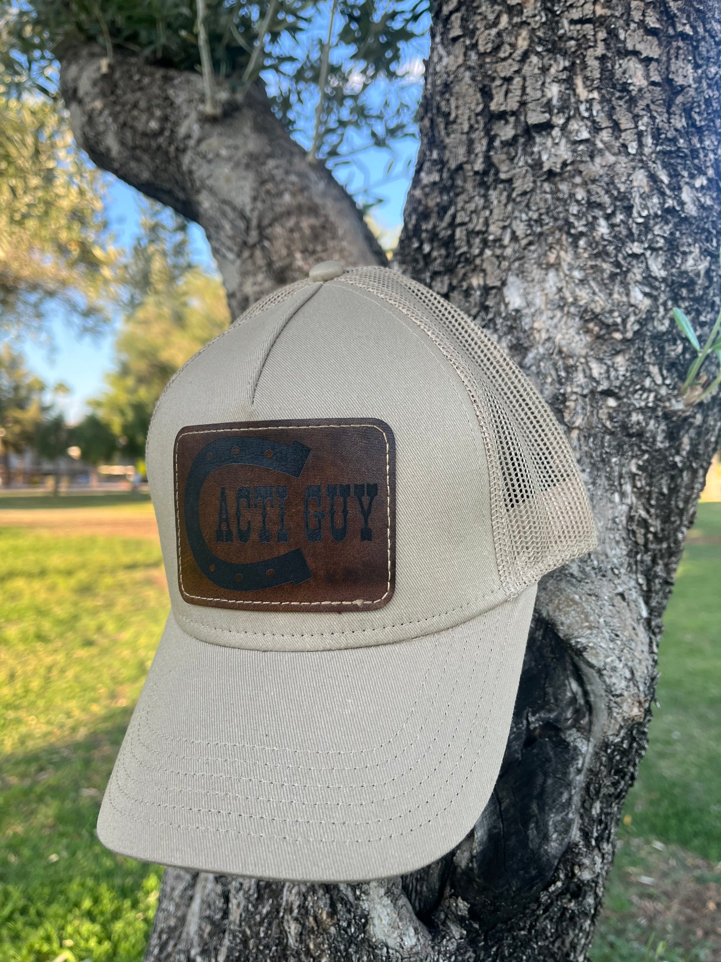 Cacti Guy Classic Leather Patch Horseshoe Font Low Profile Trucker Hat