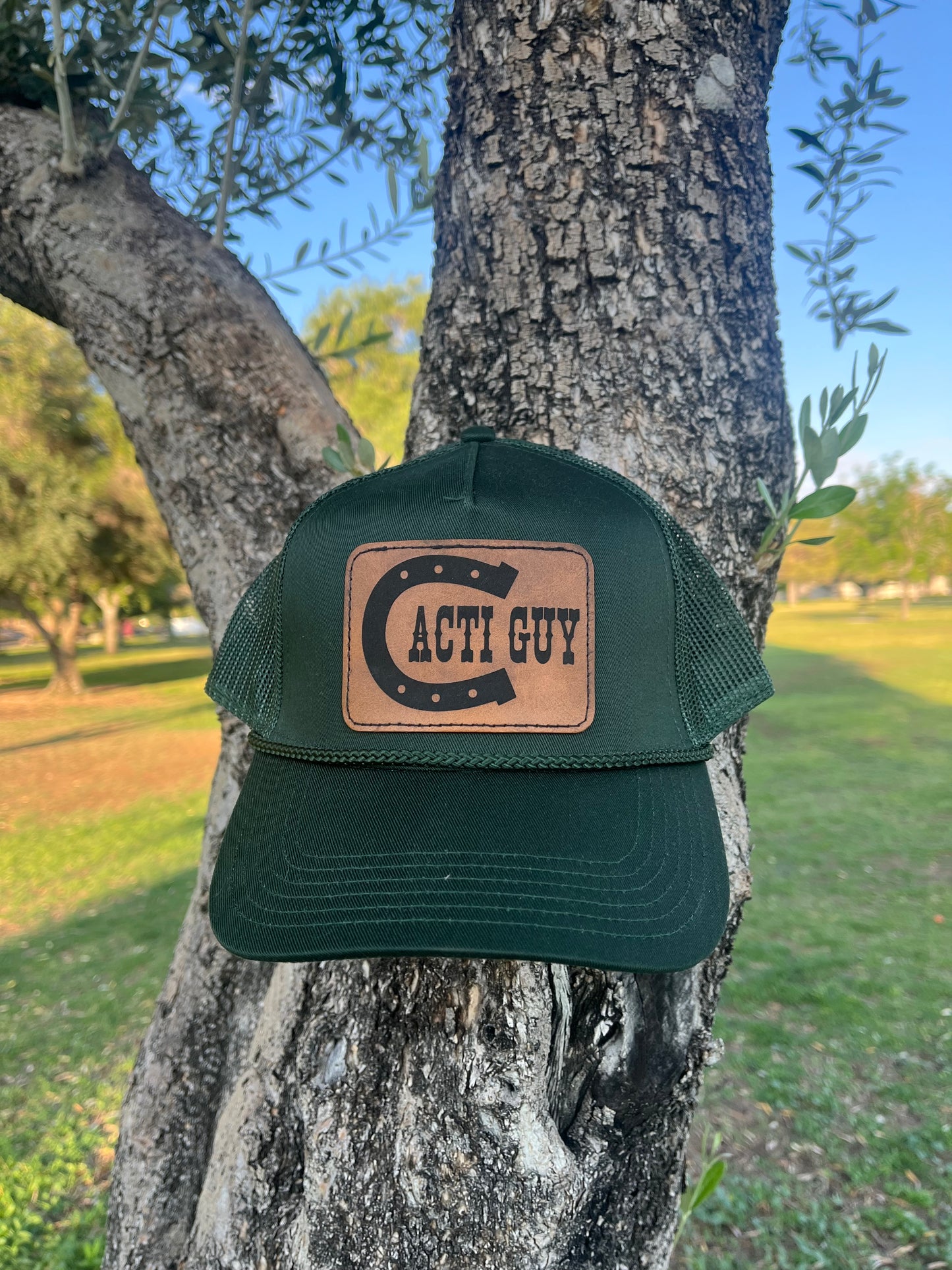 Cacti Guy Classic Leather Patch Horseshoe Font Trucker Rope Hat