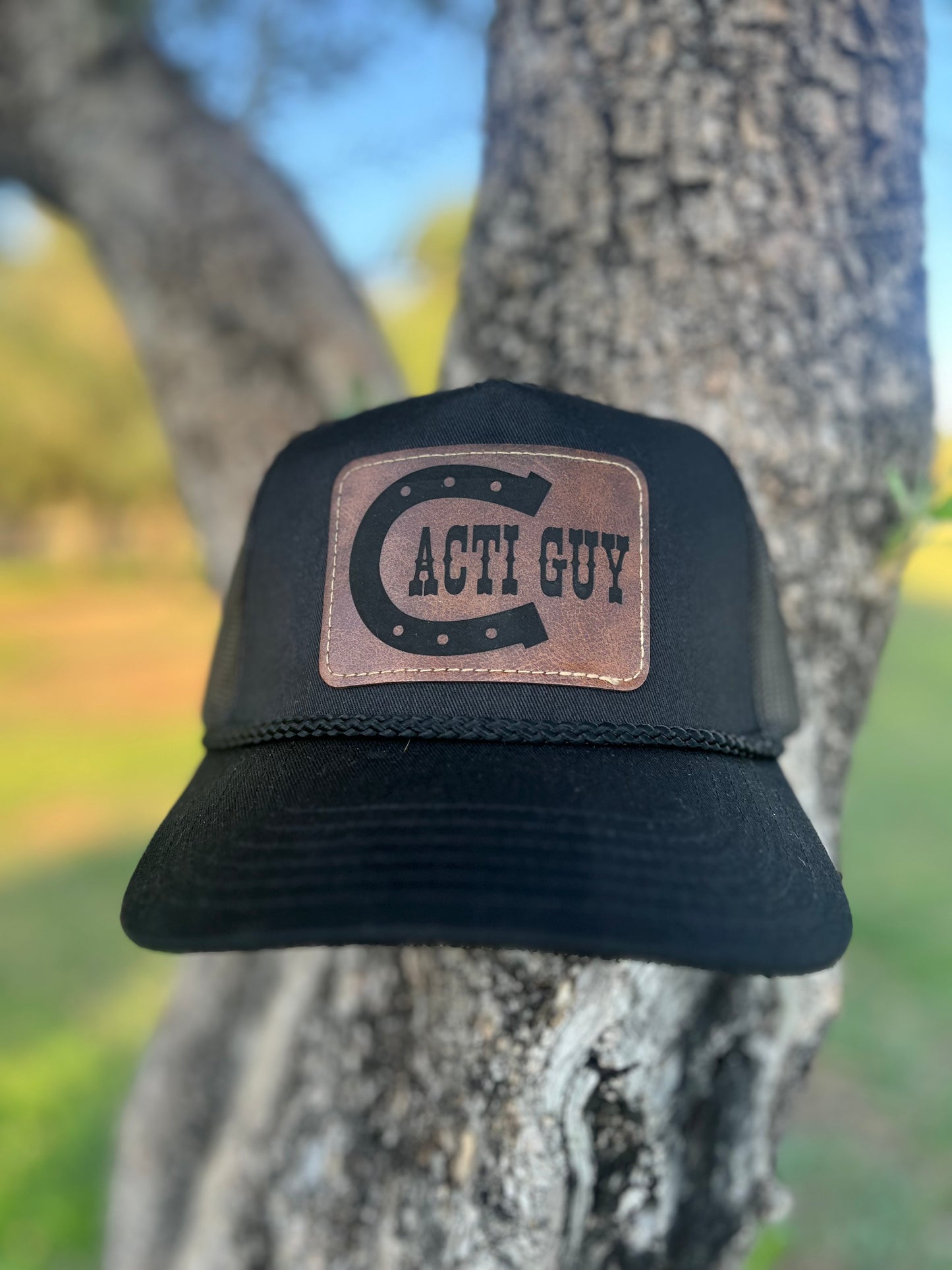 Cacti Guy Classic Leather Patch Horseshoe Font Trucker Rope Hat