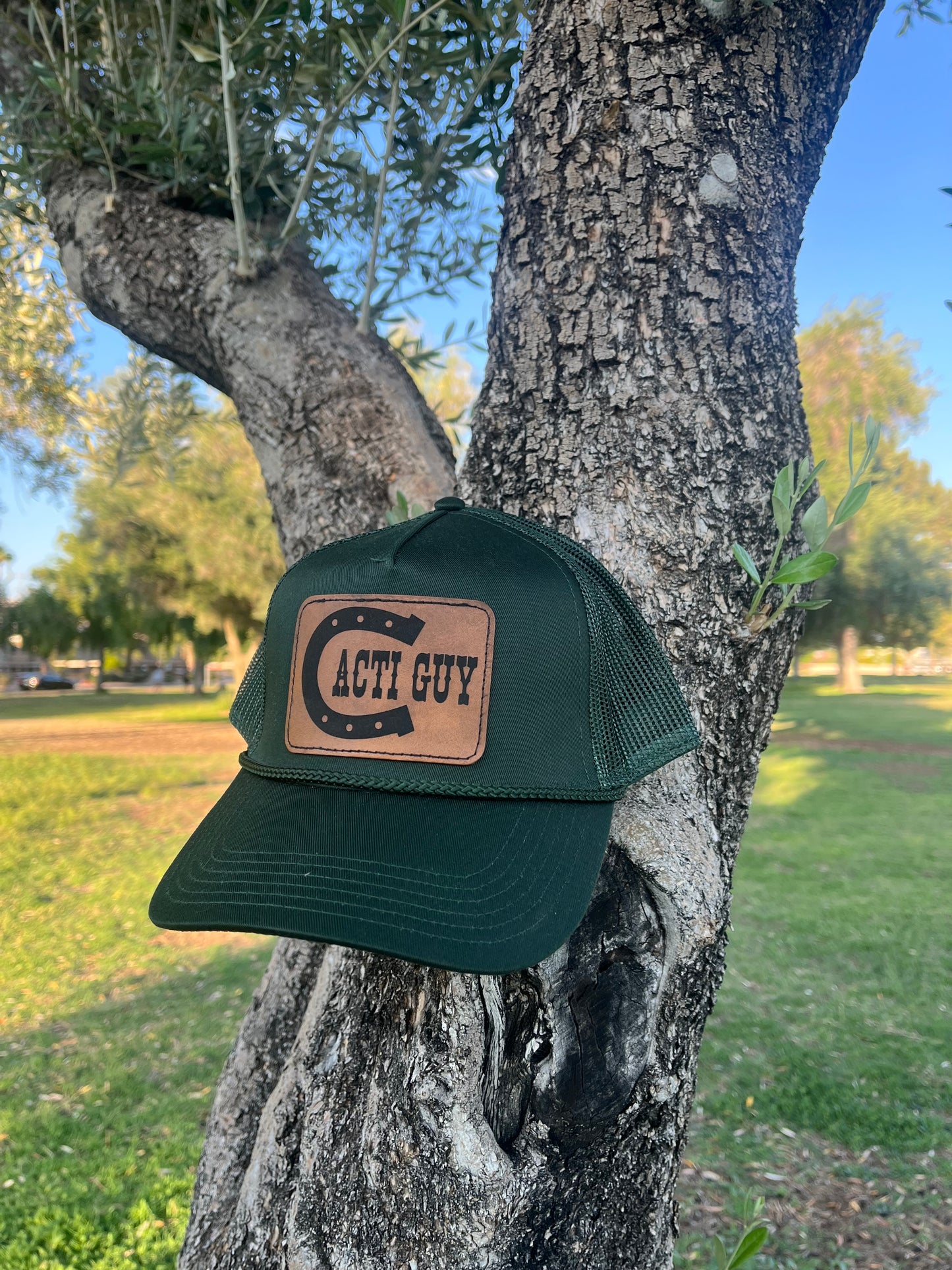 Cacti Guy Classic Leather Patch Horseshoe Font Trucker Rope Hat